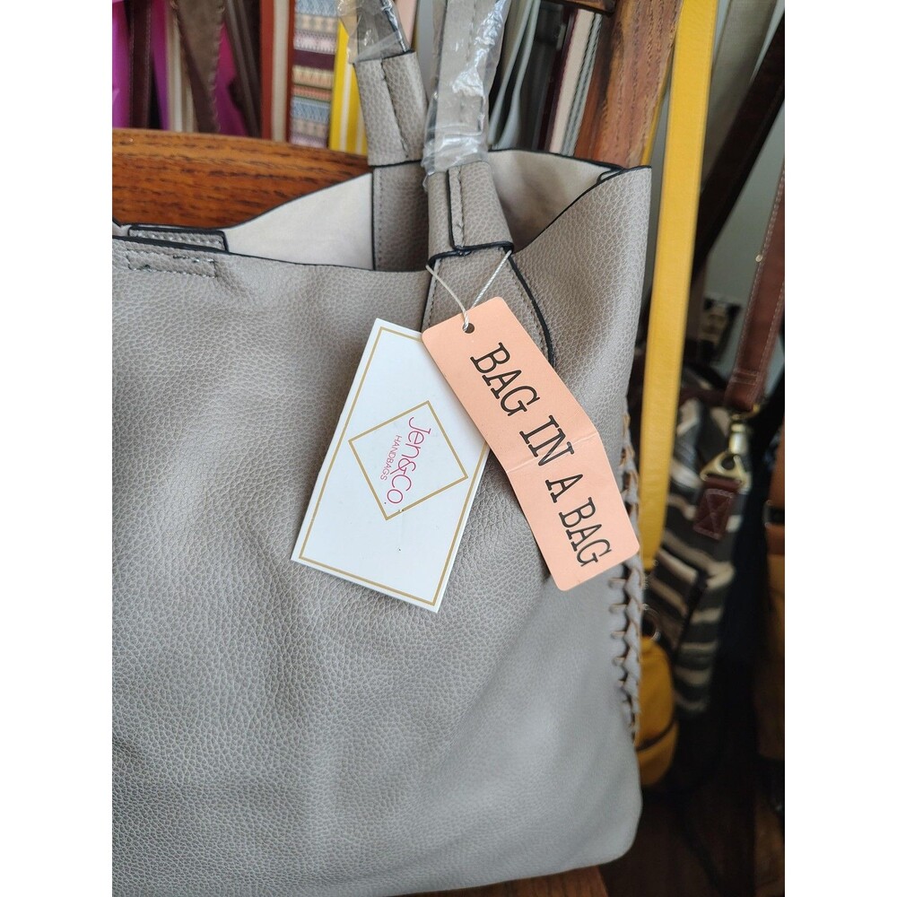 Jen Co Tote Large Gray Bag In A Bag Tassel Pouch Purse Vegan Faux Leather Beige - Picture 7 of 16